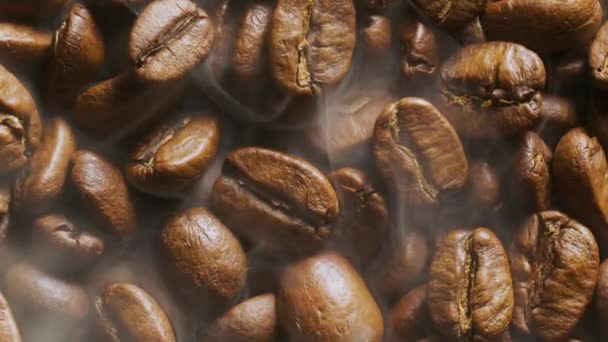 Coffee Bean Macro Rotates Background Roasting Coffee Beans Smoke Blackmagic — Stock Video