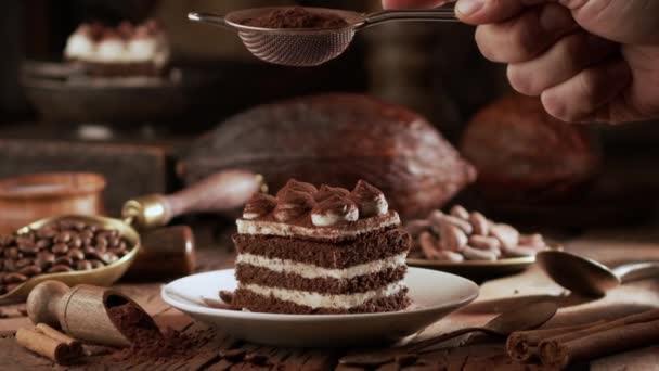 Sulla Torta Tiramisù Cuoco Spruzza Cacao Sulla Superficie Attraverso Colino — Video Stock