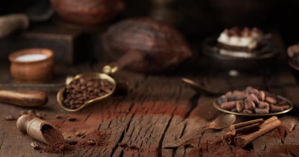 Bolo Tiramisu Aparece Gradualmente Mesa Levantando Cacau Fundo Escuro Com — Vídeo de Stock