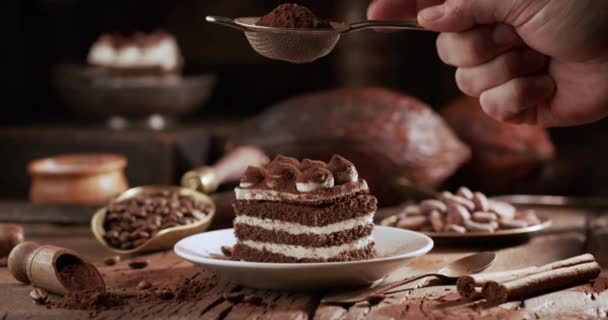 Pastel Tiramisú Cocinero Espolvorea Cacao Sobre Superficie Través Colador Fondo — Vídeos de Stock