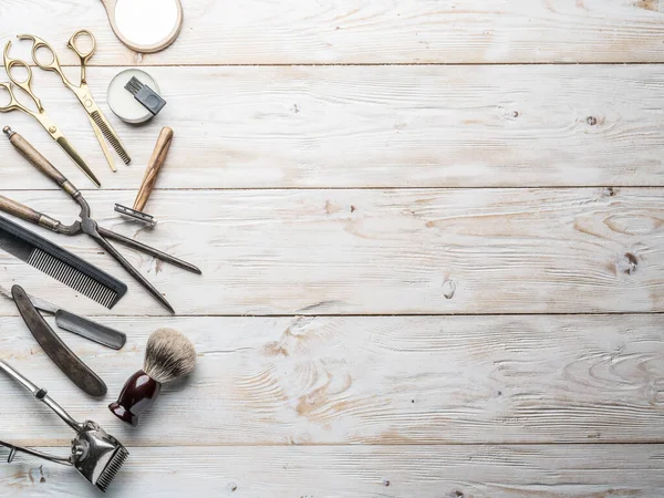 Classici Strumenti Toelettatura Parrucchiere Sfondo Legno Vista Dall Alto Strumenti — Foto Stock