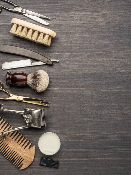 Outils Classiques Toilettage Coiffure Sur Fond Bois Vue Dessus Sur — Photo