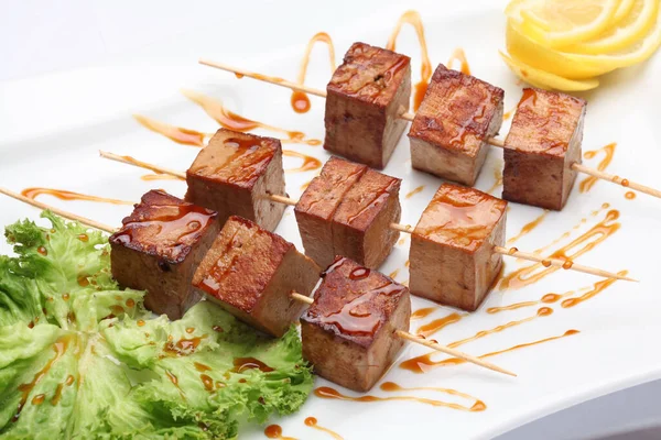 Fried Foie Gras Liver Form Kebabs Wooden Sticks Sauce Lemon — Stock Photo, Image