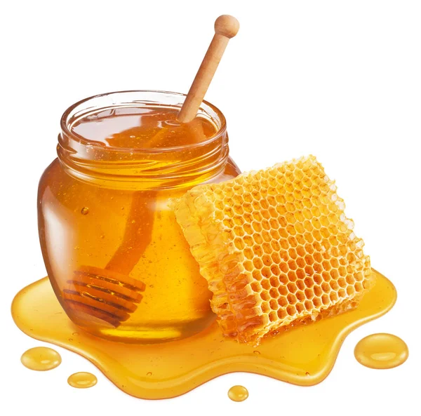 玻璃瓶中的蜂蜜 蜂窝和甜粘蜂蜜水坑隔离在白色的背景 — 图库照片
