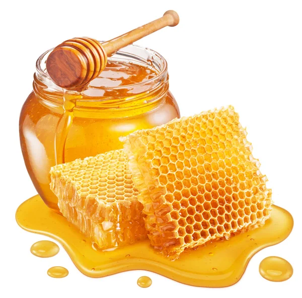 Glass Pot Honey Honeycombs Sweet Sticky Honey Puddle Isolated White — Stock Photo, Image