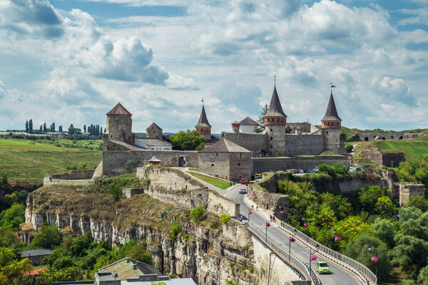 Beautiful view of Kamianets-Podilskyi Castle. The most remarkable medieval landmark of  central Ukraine.  Travelling across Ukraine.