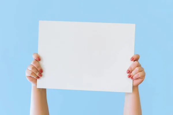 Close Cropped Hold Hands Blank Empty Sign White Big Board — Stock Photo, Image