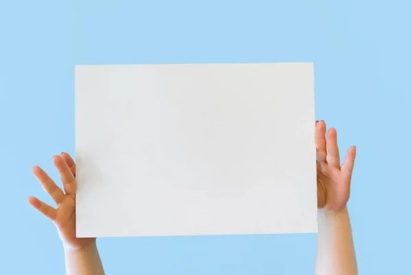 Close Cropped Hold Hands Blank Empty Sign White Big Board — Stock Photo, Image