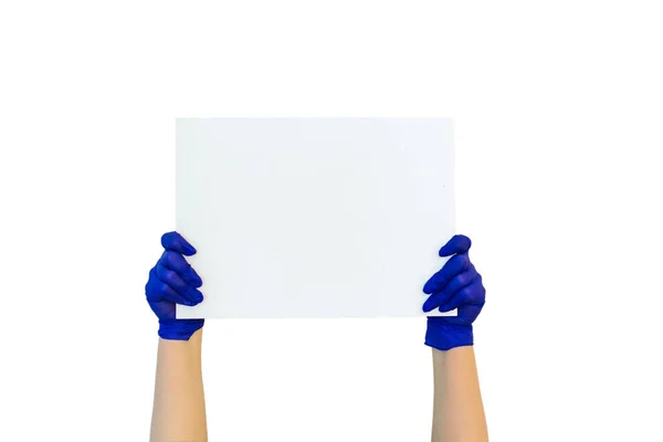 Close Cropped Hold Hands Blank Empty Sign White Big Board — Stock Photo, Image