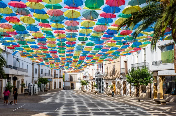 Umbrellas floating in the sky with lots of color in Portugal — Stock Image Umbrellas Floating Sky Lots Color Portugal Royalty Free Stock Images