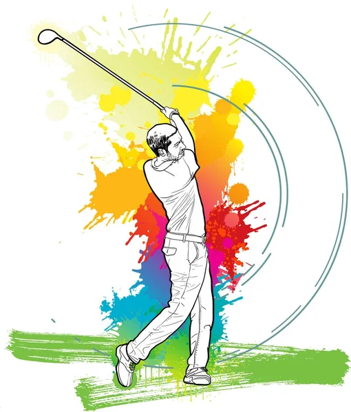Gracz w golfa, człowiek kopiąc piłkę golf — Wektor stockowy