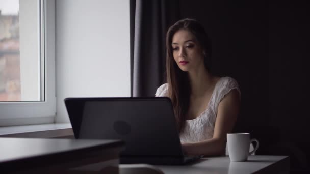 Atractiva morena mujer trabaja con el ordenador portátil — Vídeo de stock