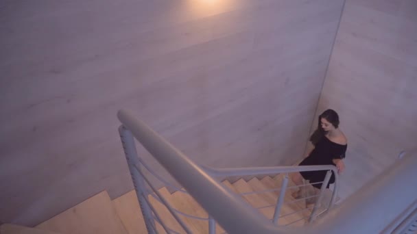 Brunette Girl Goes Upstairs — Stock Video
