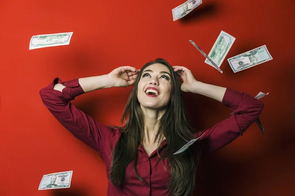 Woman on Falling Banknotes Background