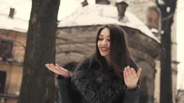 Όμορφη μελαχρινή κοπέλα χιονισμένο περπάτημα — Αρχείο Βίντεο