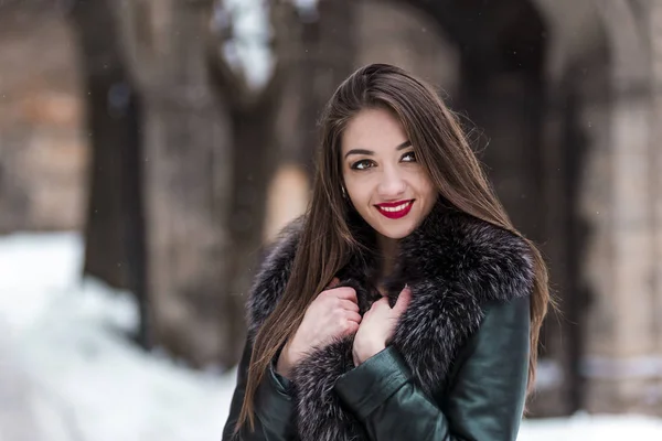 Portret Snowtime piękna brunetka dziewczyna — Zdjęcie stockowe