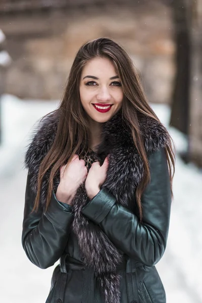 Portret Snowtime piękna brunetka dziewczyna — Zdjęcie stockowe