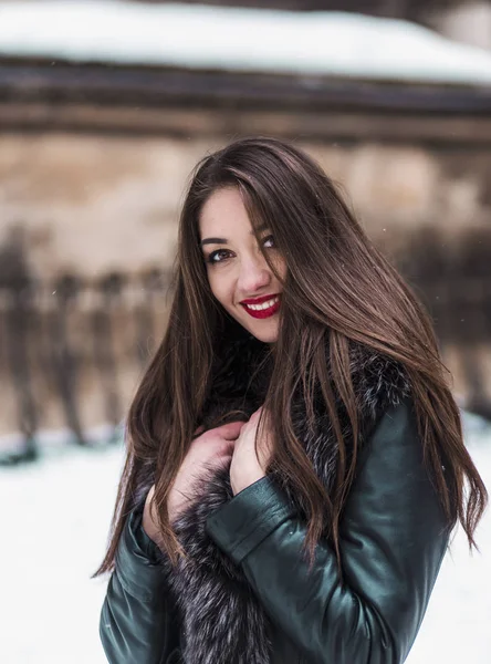 Snowtime портрет красива дівчина брюнетка — стокове фото