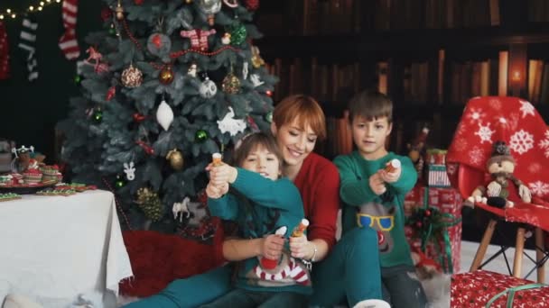 Familie hat Spaß mit weihnachtlichen Petards — Stockvideo