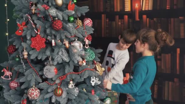 Glückliche Kinder schmücken den Weihnachtsbaum — Stockvideo