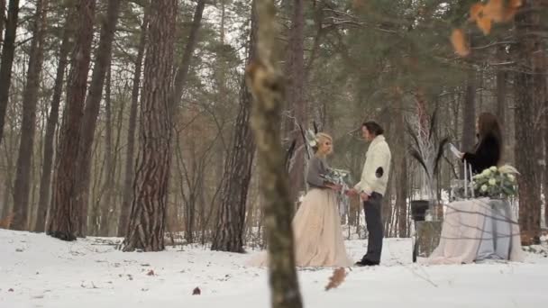 Cerimônia de noivado de casamento na floresta de inverno — Vídeo de Stock