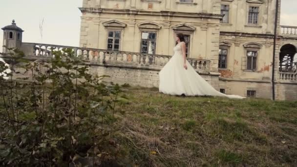 Hermosa novia caminando antes del castillo — Vídeo de stock