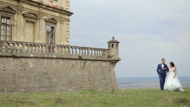 Весільний пара веселяться перед замок — стокове відео