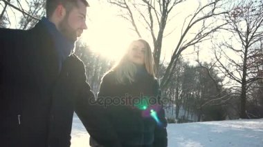 Genç çift Kış parkta yürüyor