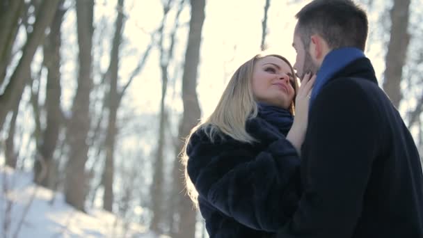 Amor abraza en invierno parque — Vídeo de stock