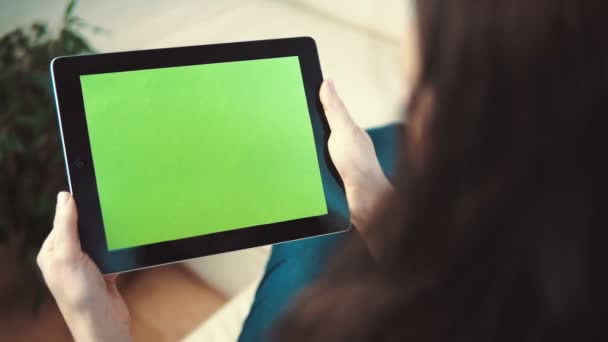 Woman Use Tablet Pc Sitting on Sofa — Stock Video