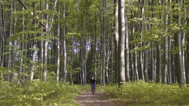 Человек в рюкзаке едет на велосипеде по лесу — стоковое видео