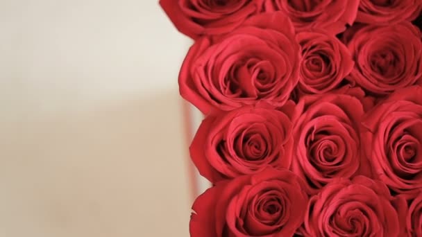 Caixa de rosas vermelhas com cartão de presente — Vídeo de Stock