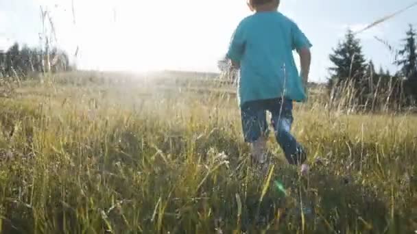 Niño corriendo a través de la hierba húmeda — Vídeo de stock