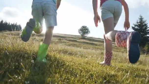 Kinderen lopen op nat gras — Stockvideo