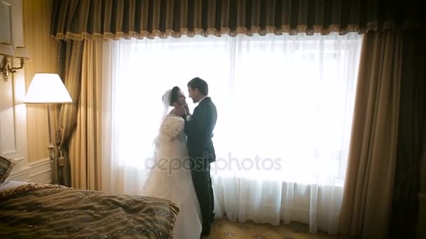 Beautiful Wedding Couple Near Window — Stock Video