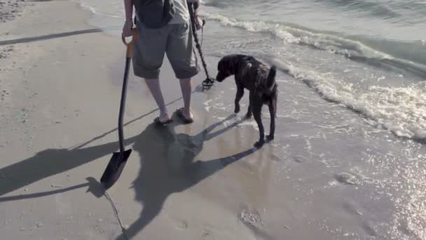 Hombre con detector de metales en la playa — Vídeos de Stock