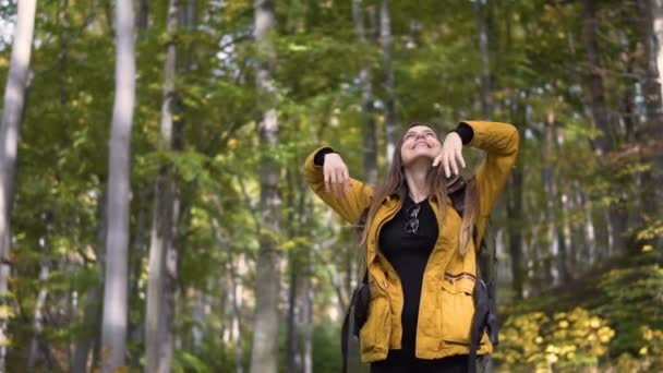 Turist åtnjuter tid i skogen — Stockvideo