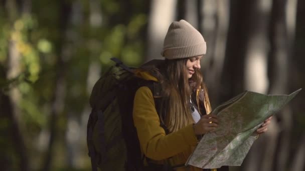 Användningsområden turistkarta i skogen — Stockvideo