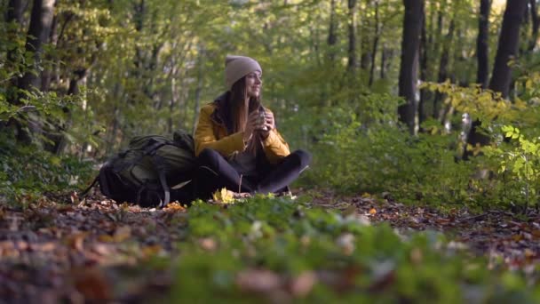Chica turística tomando té en madera — Vídeos de Stock