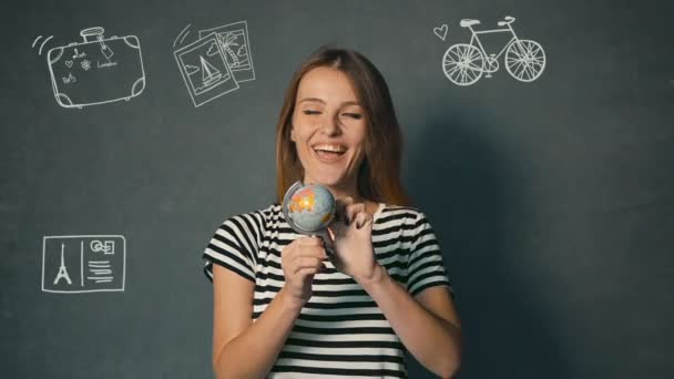 Tourist Plays with Globe — Stock Video