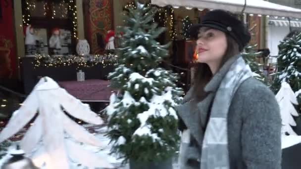 Mooie vrouw wandelingen in Snowy stad — Stockvideo