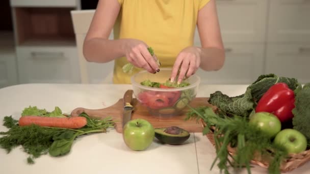 Mulher faz salada de legumes — Vídeo de Stock