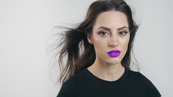 Portrait of Woman with Purple Lips — Stock Video