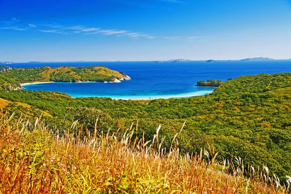 Paisaje Acuático Bosque Esmeralda Azul Marino Combinan Delgada Franja Playa — Foto de Stock