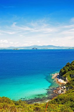 Waterscape, zümrüt orman ve deniz mavi plaj ince şerit birleştirir