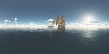 Ada ve onbeşinci yüzyılın Portekizce caravel küresel 360 derece seamless panorama