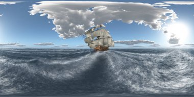 Küresel 360 derece fırtınalı denizde Hms zafer ile seamless panorama
