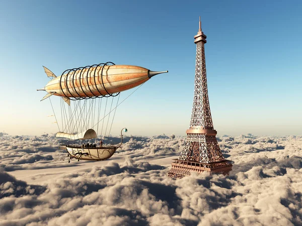 Fantasy Airship Eiffel Tower Clouds — Stock Photo, Image