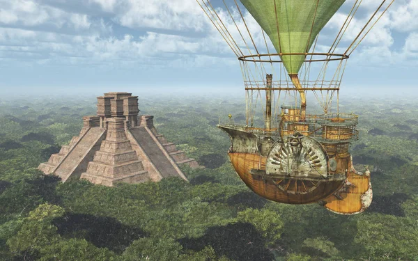 Mayan pyramid and fantasy hot air balloon