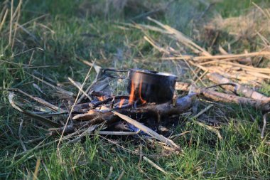 campfire with a pan on the firewood, green grass, blue smoke, fire
